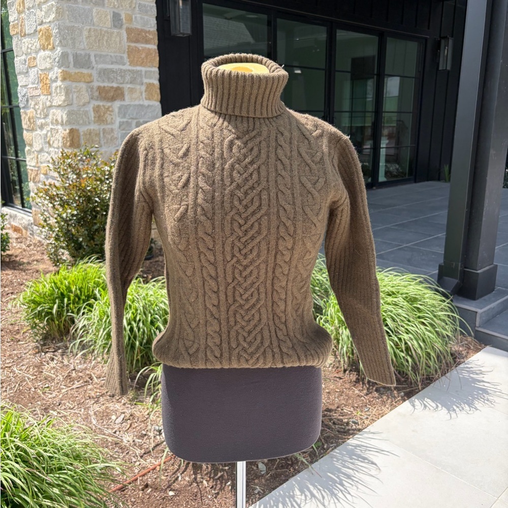 A|X Armani Exchange Wool Cashmere Cable Knit Turtleneck Sweater Green Fitted